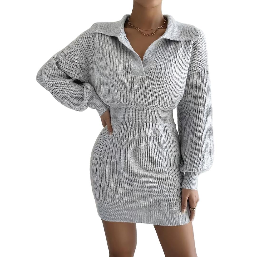 Women’s Long Sleeve Knit Mini Dress with Folded Collar