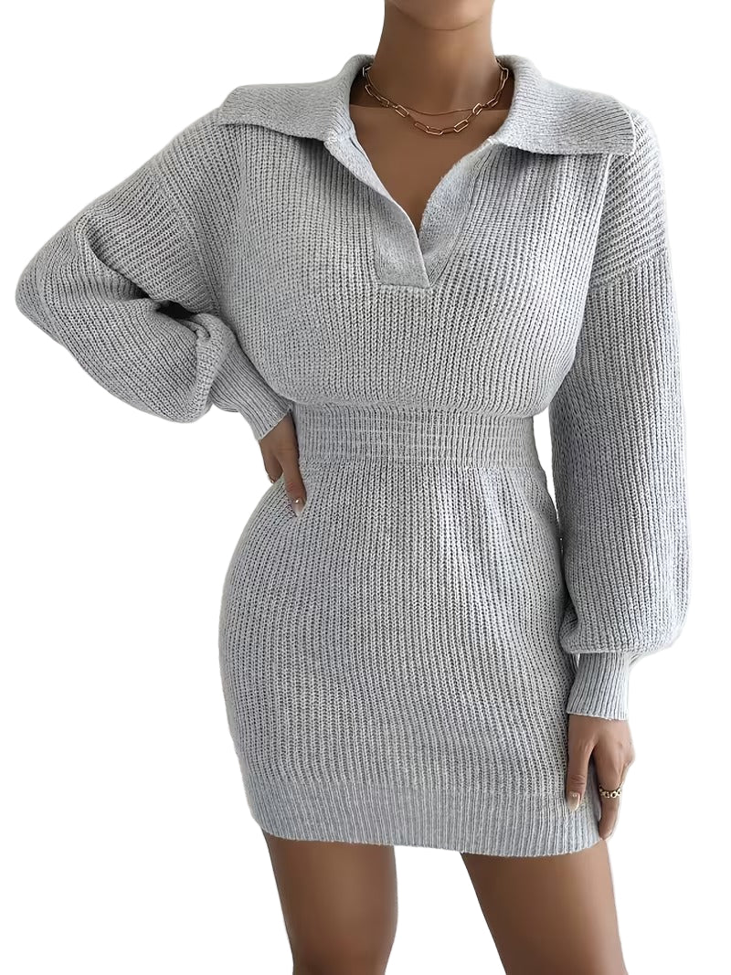 Women’s Long Sleeve Knit Mini Dress with Folded Collar