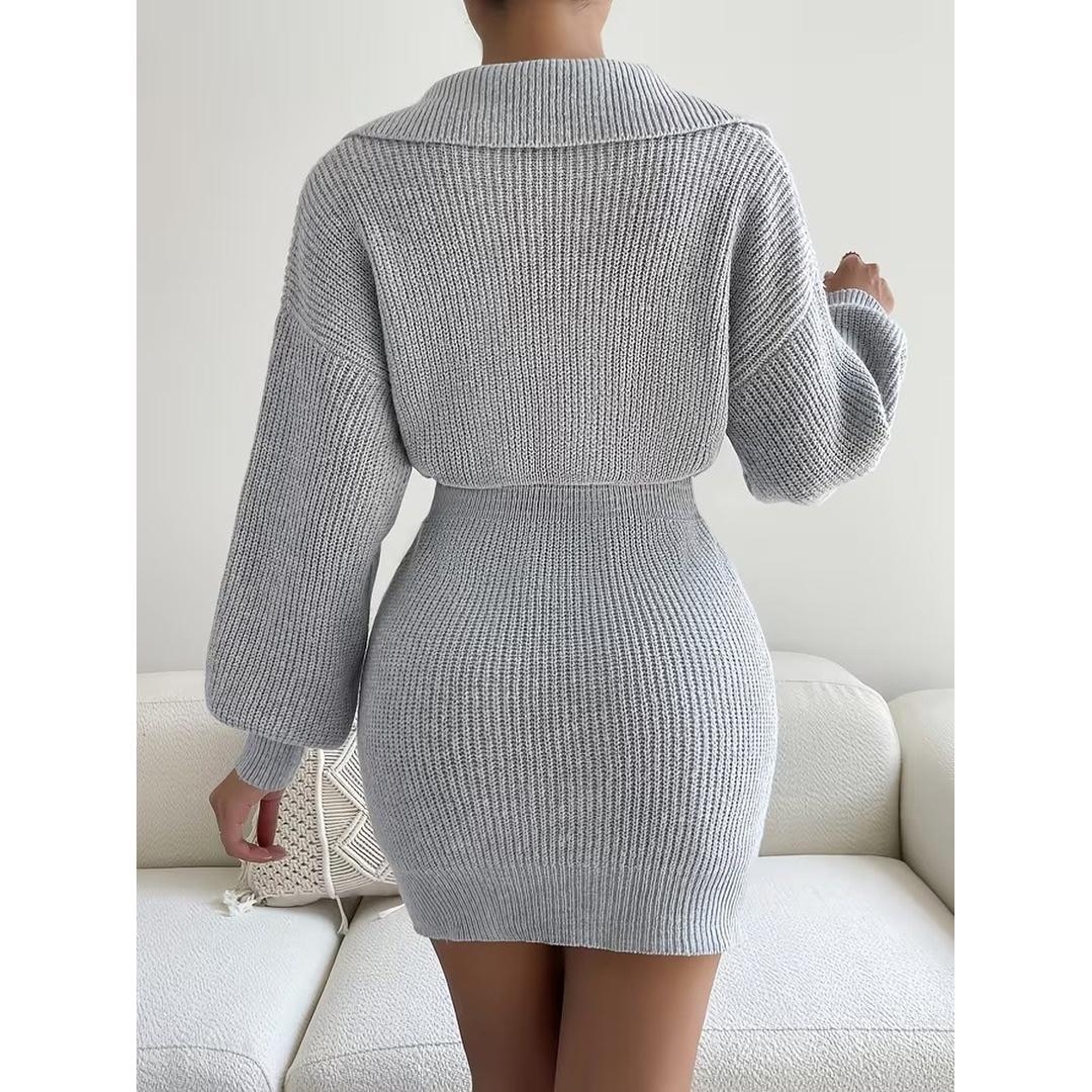 Women’s Long Sleeve Knit Mini Dress with Folded Collar