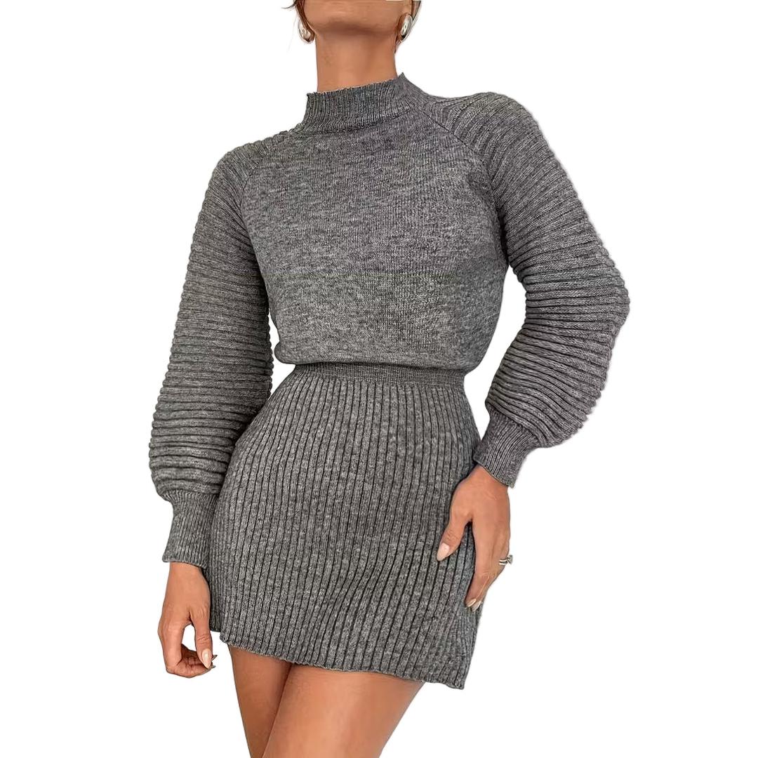 Women’s Long Sleeve Knit Mini Dress with Ribbed Texture