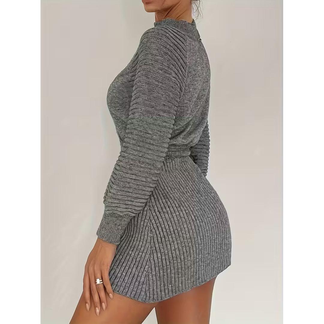 Women’s Long Sleeve Knit Mini Dress with Ribbed Texture
