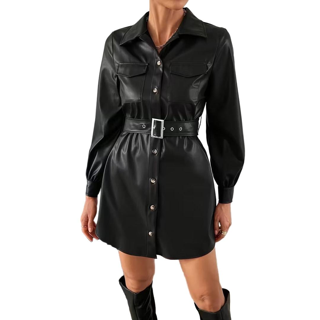 Women’s Long Sleeve Mini Dress with Button Front and Waist Belt