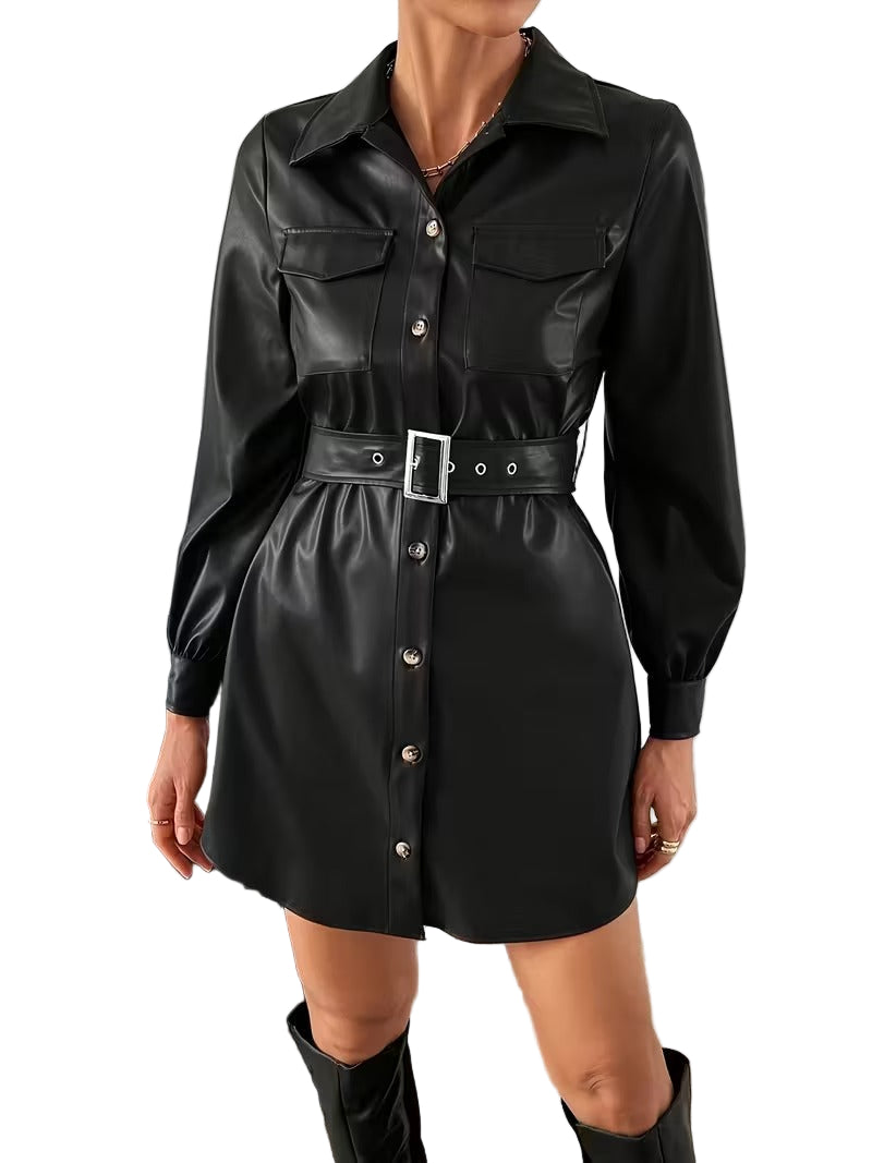 Women’s Long Sleeve Mini Dress with Button Front and Waist Belt