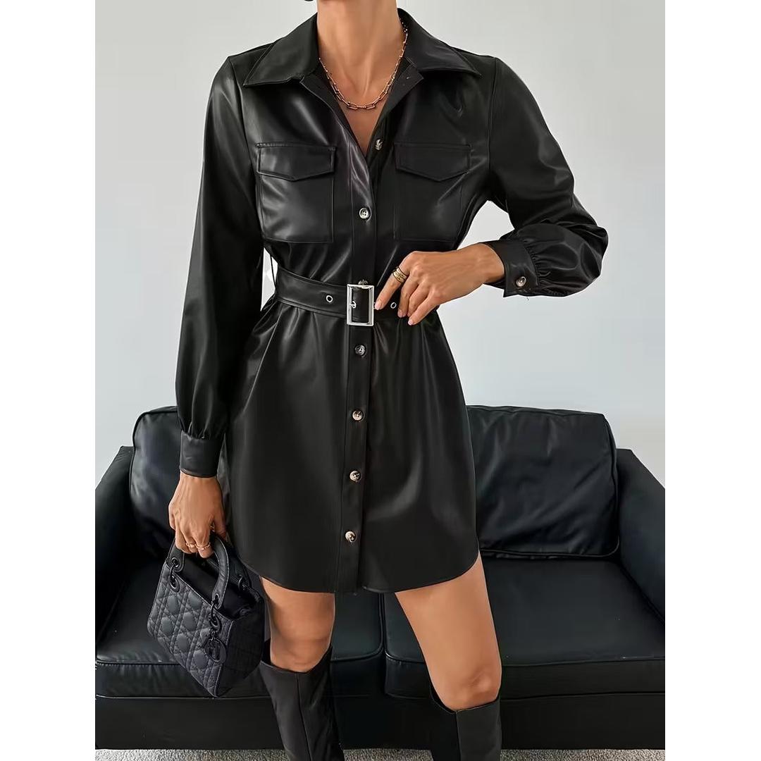 Women’s Long Sleeve Mini Dress with Button Front and Waist Belt