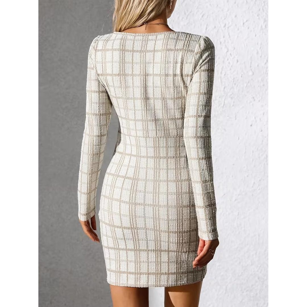 Women’s Long Sleeve Mini Dress with Checked Pattern