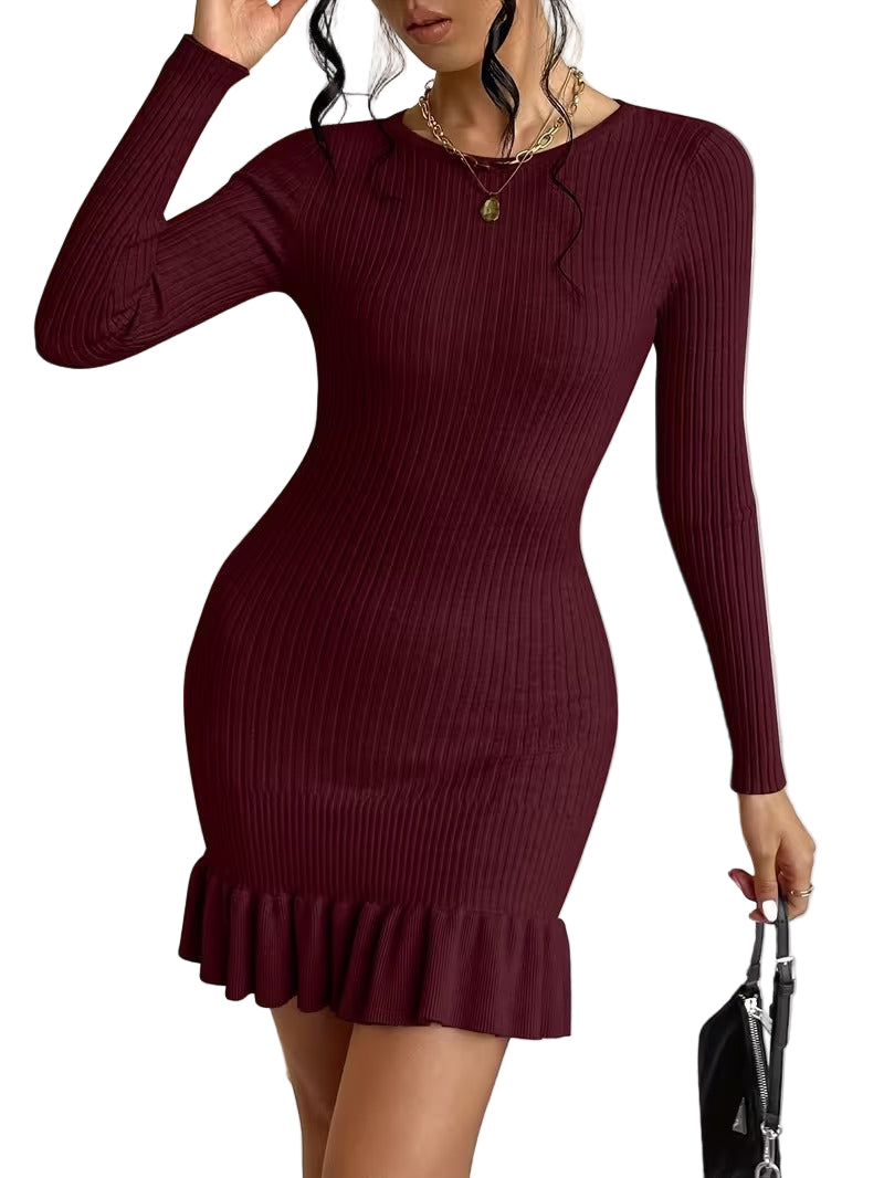 Women’s Long Sleeve Ribbed Mini Dress with Ruffled Hem