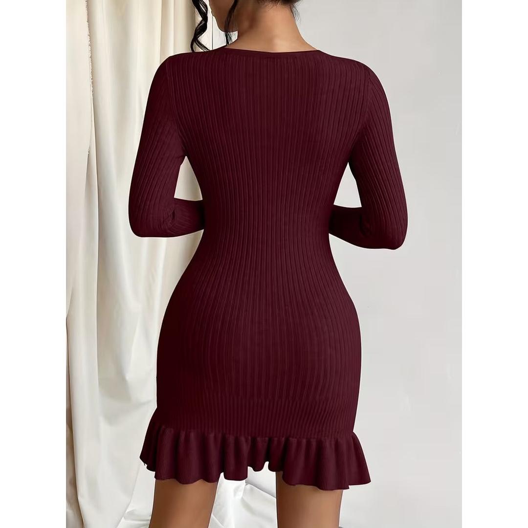 Women’s Long Sleeve Ribbed Mini Dress with Ruffled Hem