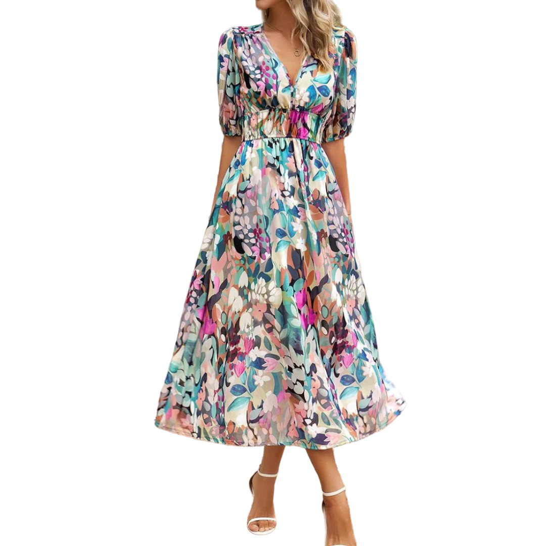 Women’s Midi Dress with Short Sleeves and Floral Print