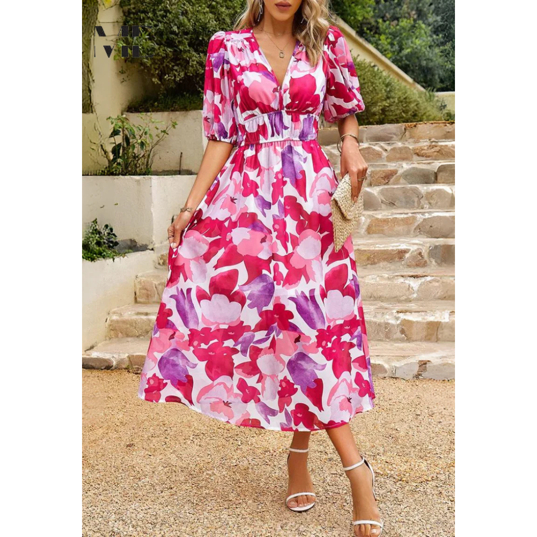 Women’s Midi Dress with Short Sleeves and Floral Print