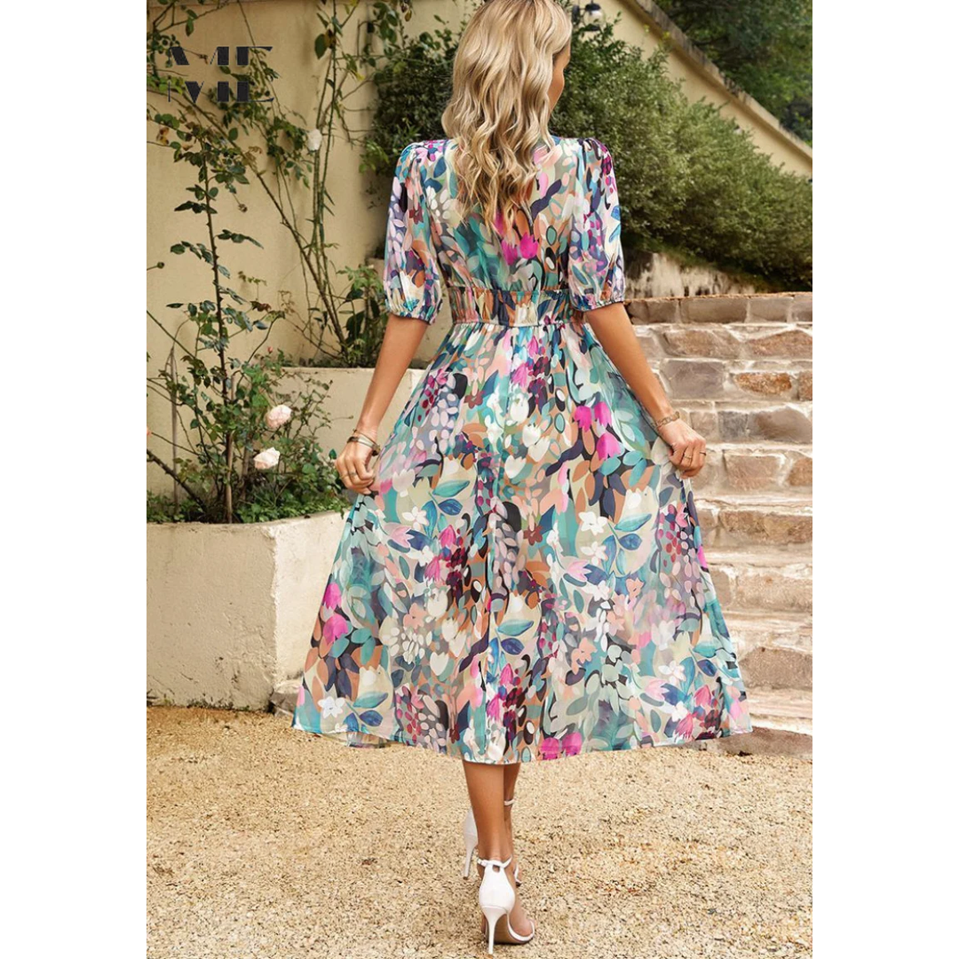 Women’s Midi Dress with Short Sleeves and Floral Print