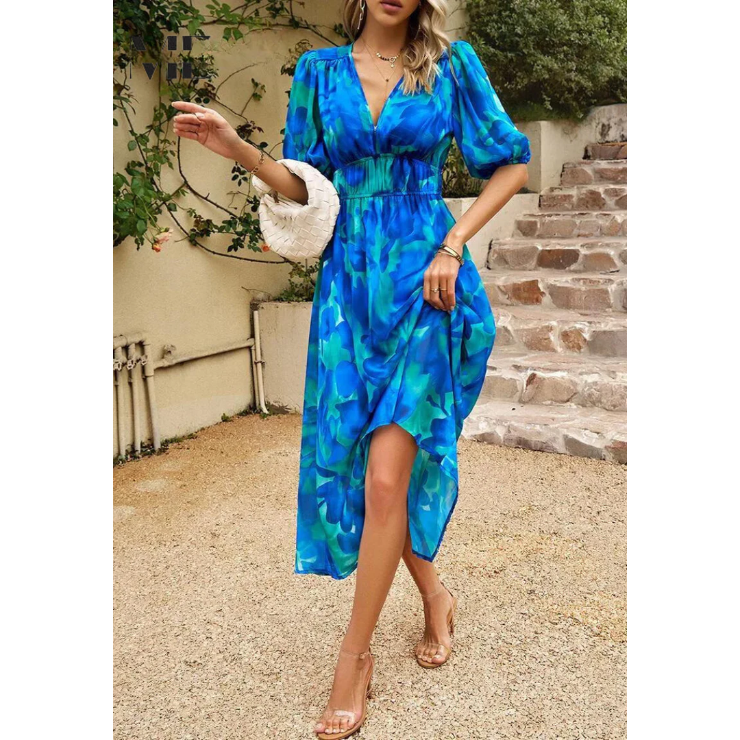 Women’s Midi Dress with Short Sleeves and Floral Print