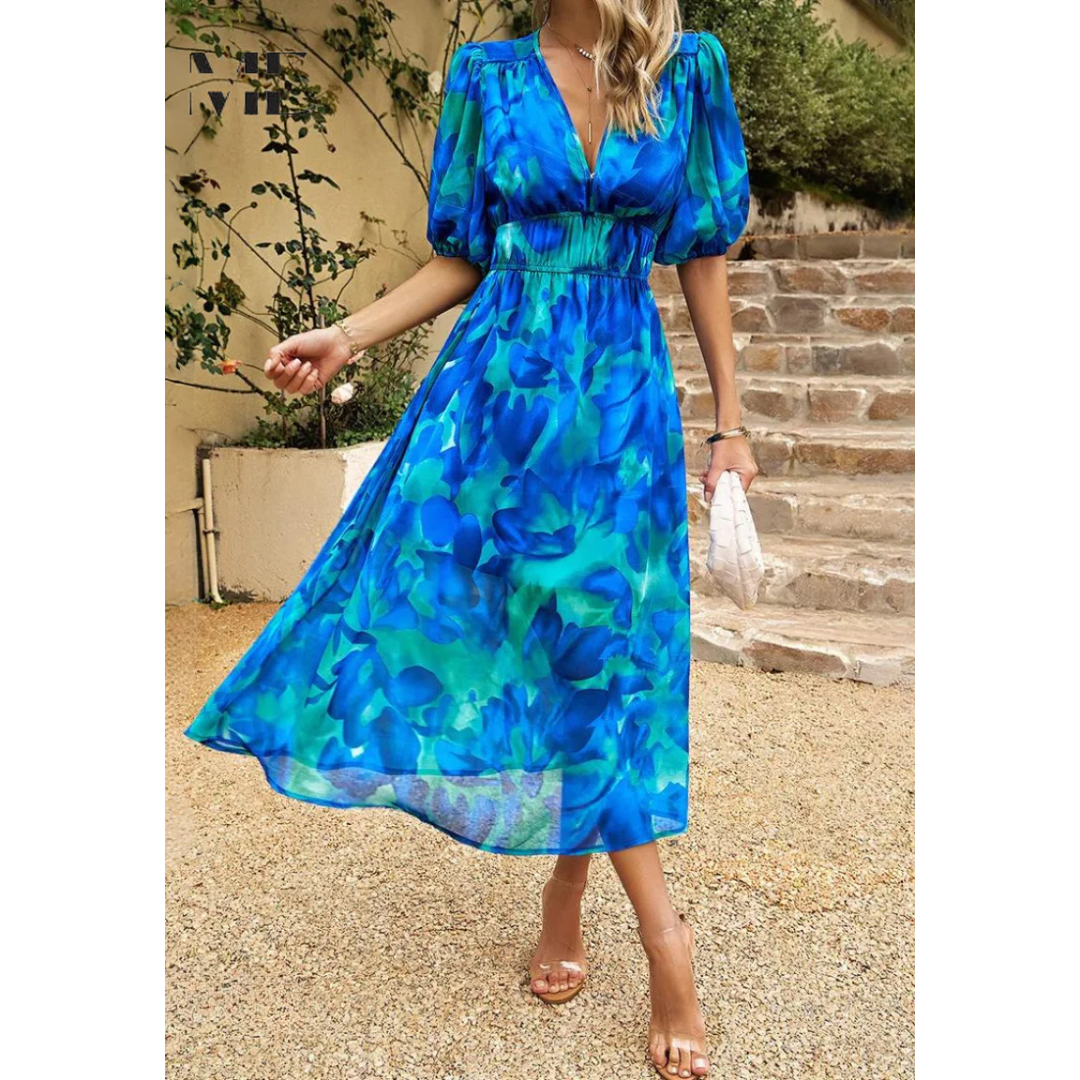 Women’s Midi Dress with Short Sleeves and Floral Print