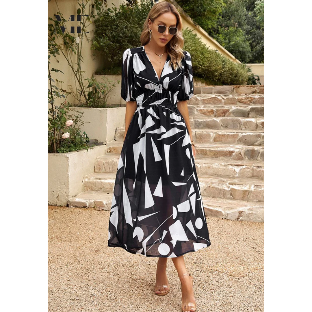 Women’s Midi Dress with Short Sleeves and Floral Print
