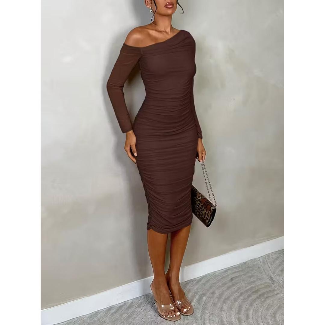 Women’s One Shoulder Midi Dress with Ruched Detailing