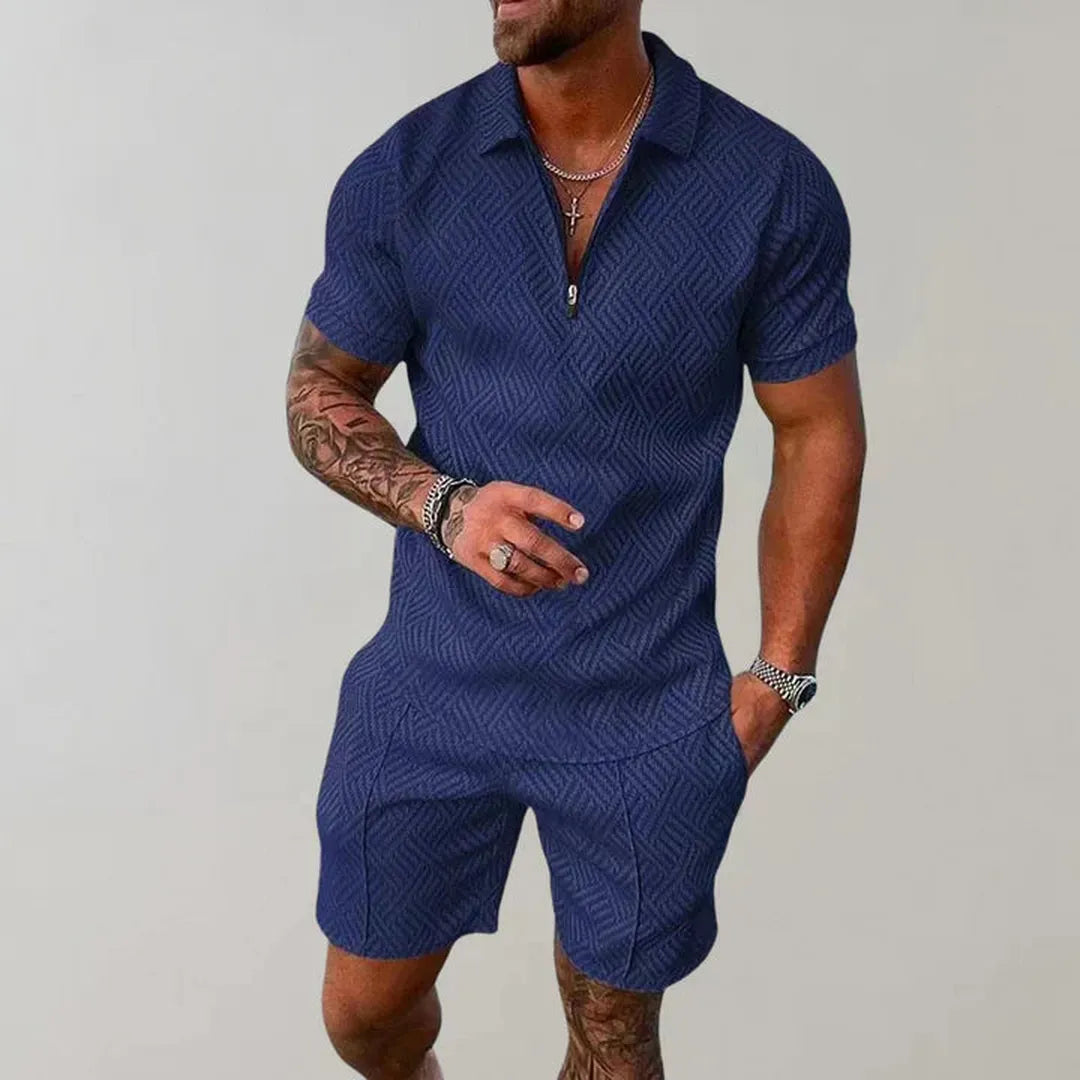 Liam | Men’s Textured Short Sleeve Zip Polo and Shorts Set