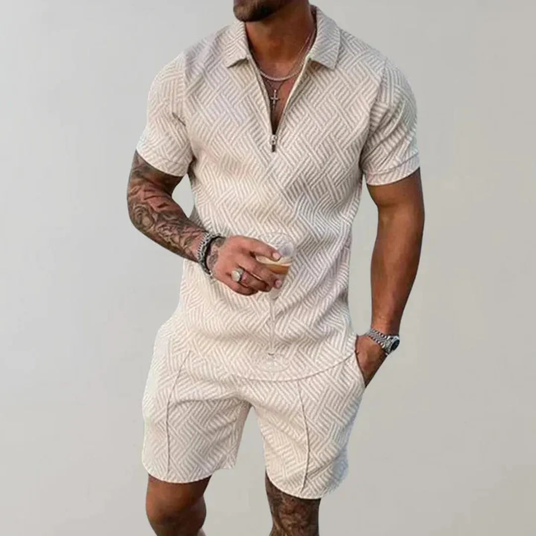 Liam | Men’s Textured Short Sleeve Zip Polo and Shorts Set