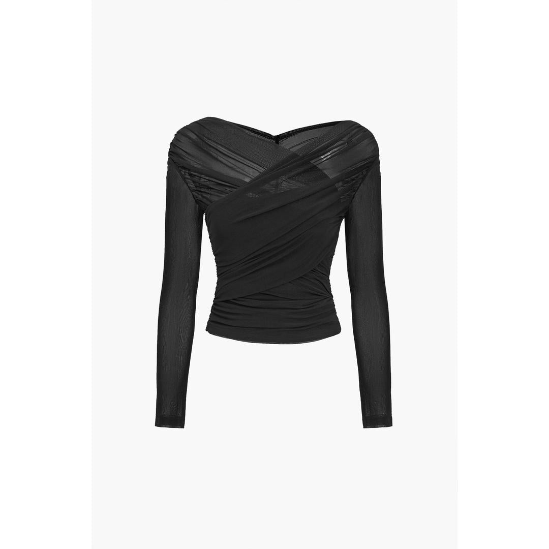 Isabella | Women’s Ruched Mesh Fitted Top with Long Sleeve