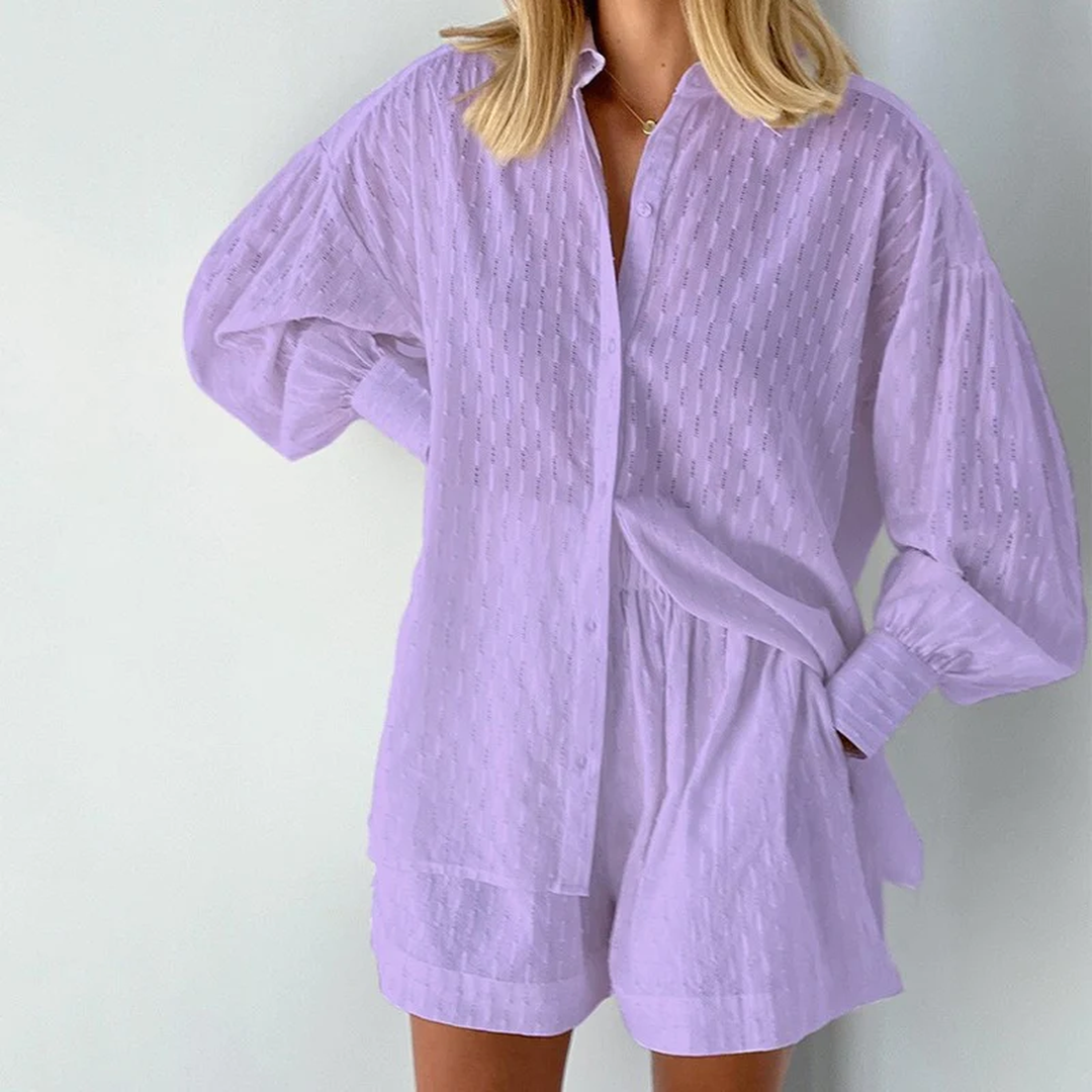 Arlena | Women’s Textured Button Shirt and Shorts Set
