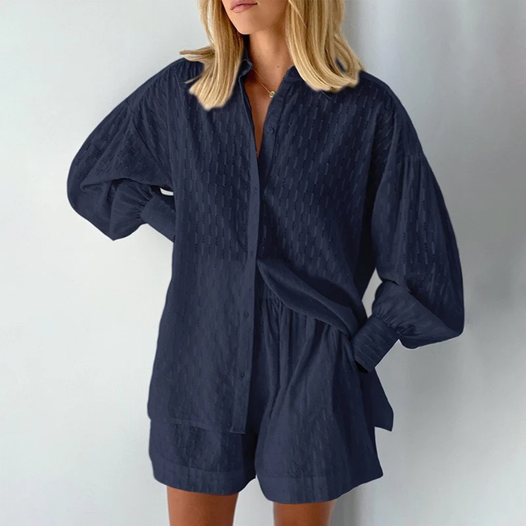 Arlena | Women’s Textured Button Shirt and Shorts Set