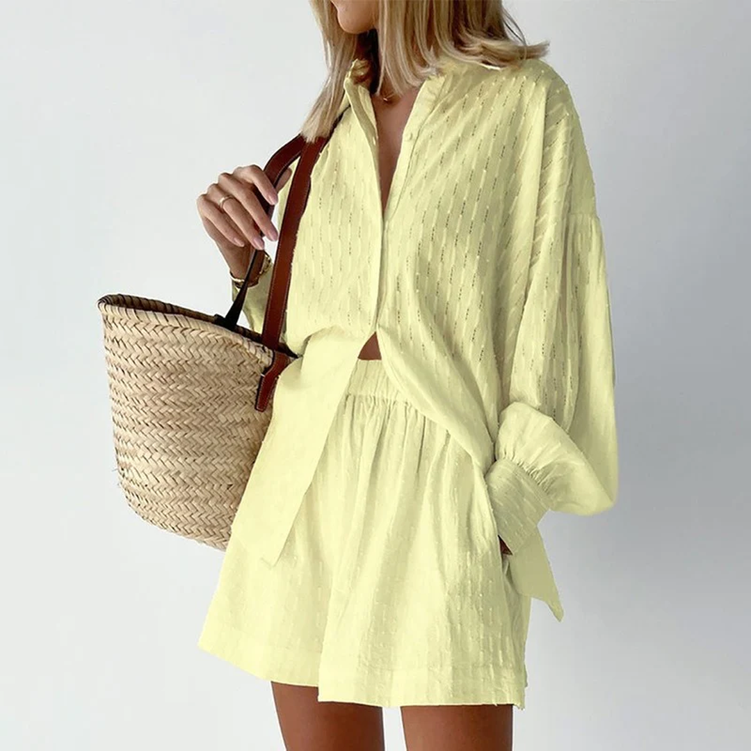 Arlena | Women’s Textured Button Shirt and Shorts Set