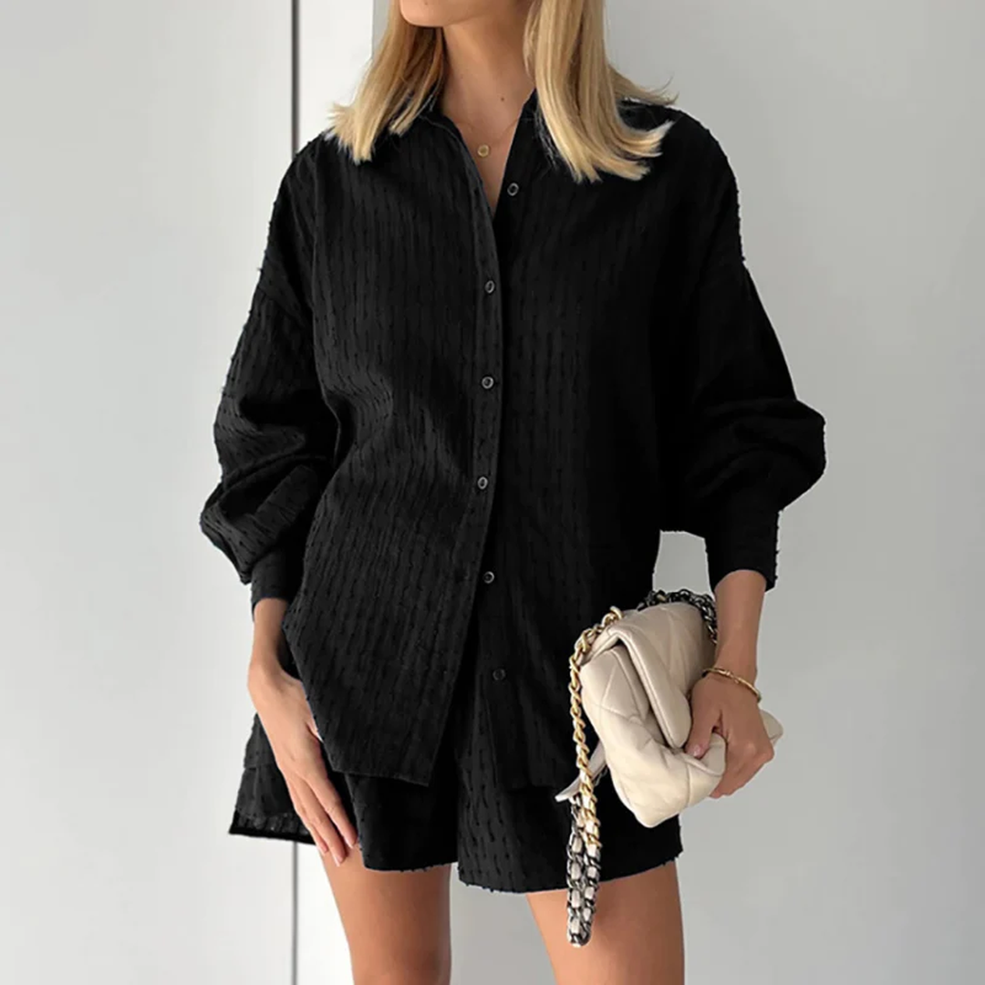 Arlena | Women’s Textured Button Shirt and Shorts Set