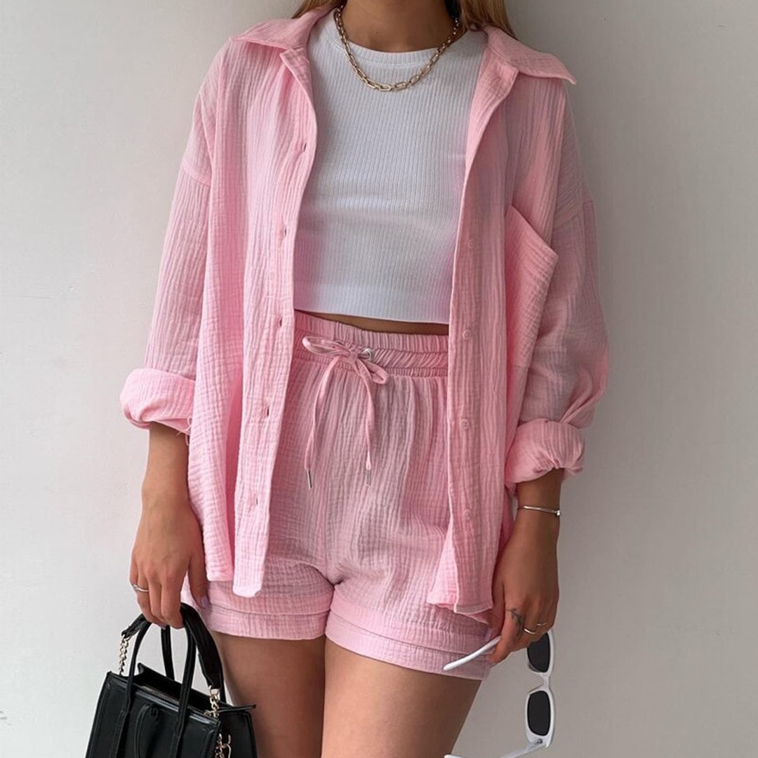 Elara | Button Shirt and Drawstring Shorts Set