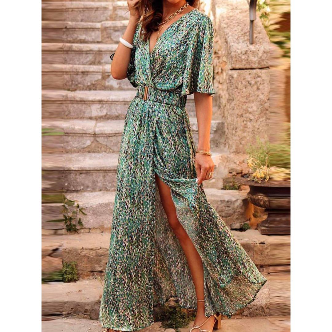 Phoebe | V-Neck Printed Maxi Dress with Side Slit