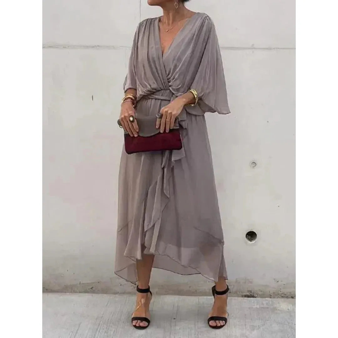 Elara | V-Neck Midi Dress with Draped Wrap Waist