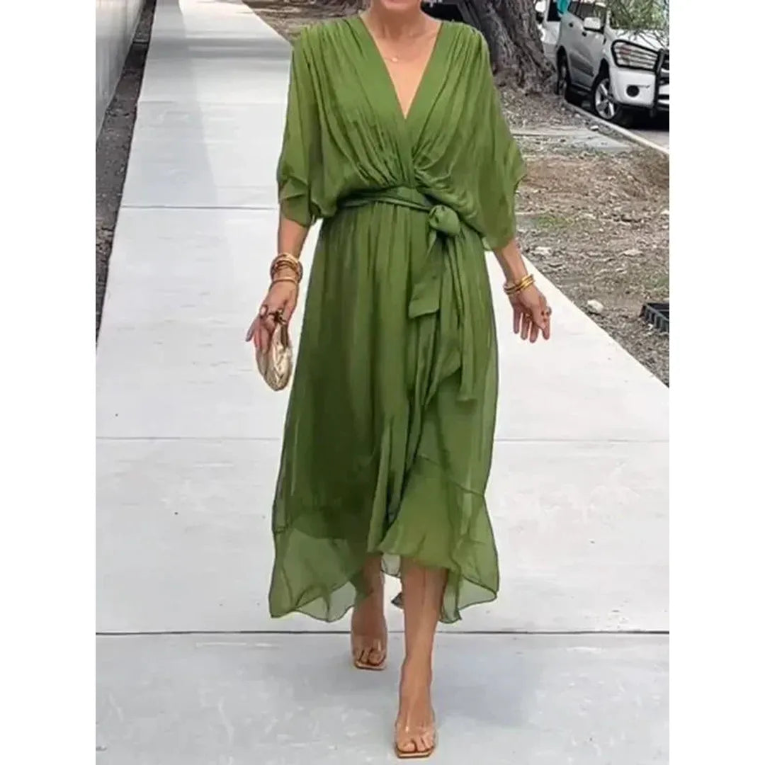 Elara | V-Neck Midi Dress with Draped Wrap Waist