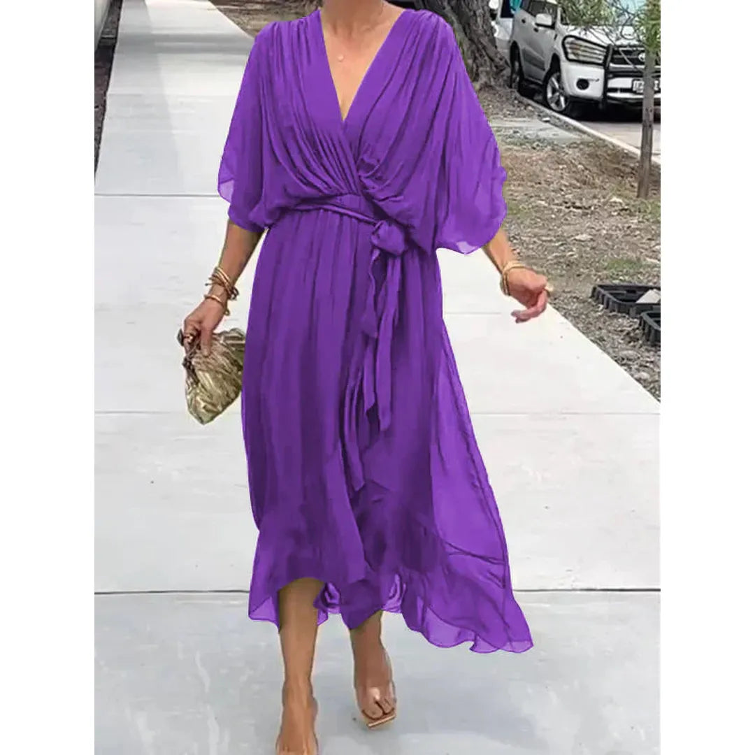 Elara | V-Neck Midi Dress with Draped Wrap Waist