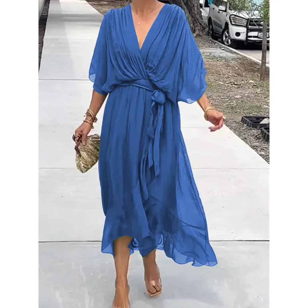 Elara | V-Neck Midi Dress with Draped Wrap Waist
