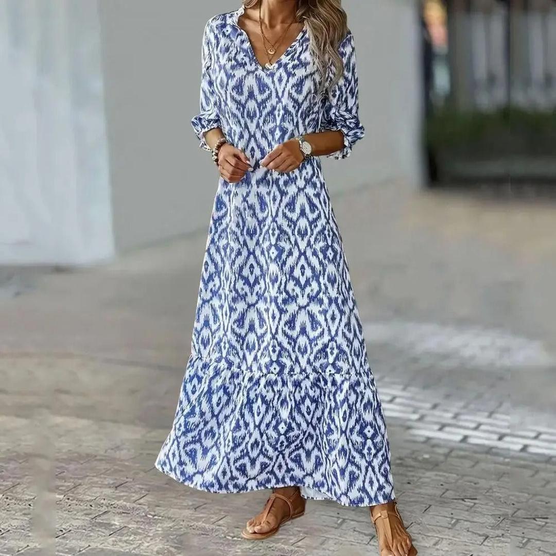 Zoey | Women’s Long V-Neck Dress with Geometric Print