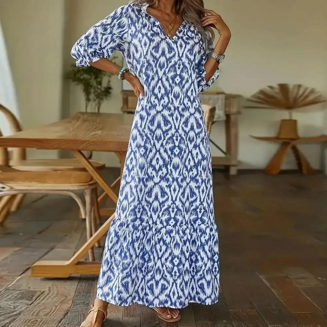 Zoey | Women’s Long V-Neck Dress with Geometric Print