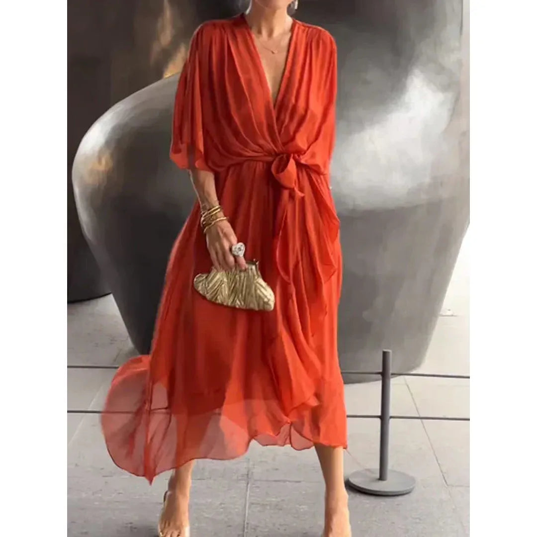 Elara | V-Neck Midi Dress with Draped Wrap Waist
