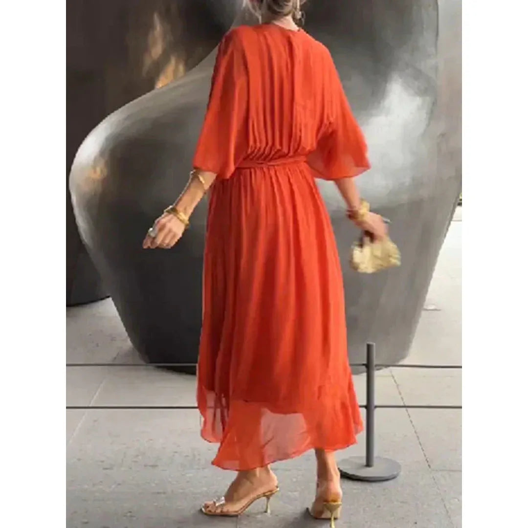 Elara | V-Neck Midi Dress with Draped Wrap Waist