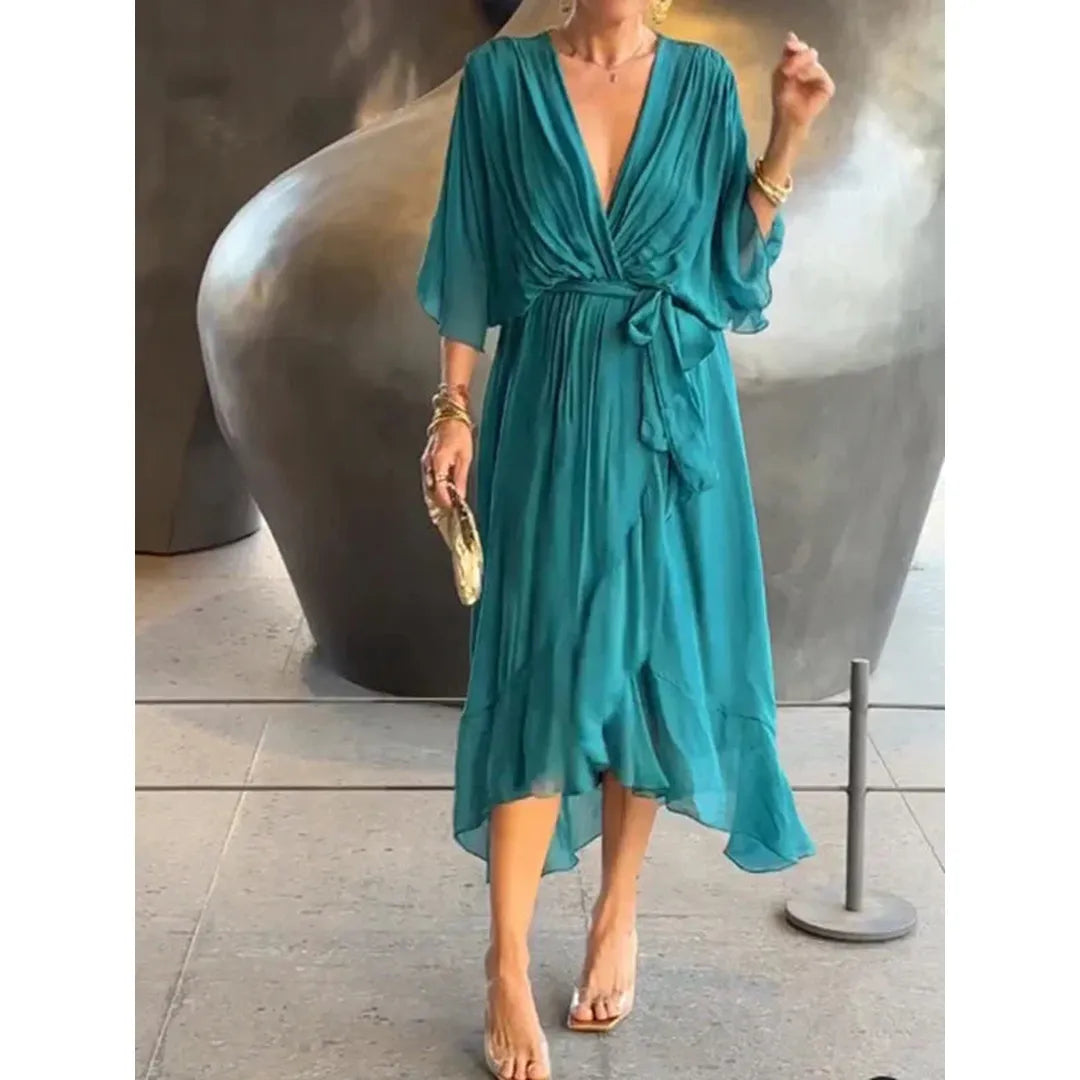 Elara | V-Neck Midi Dress with Draped Wrap Waist