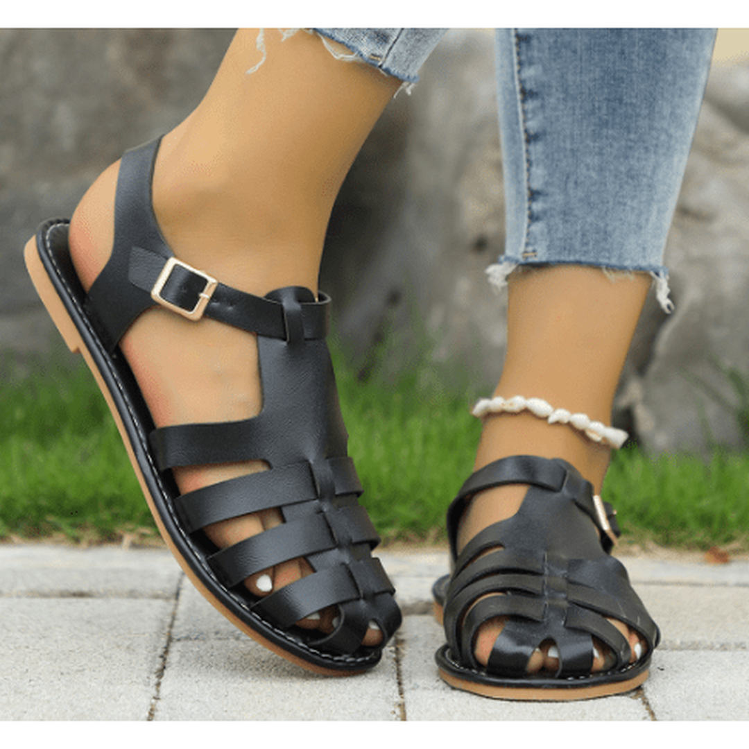 Lily | Women's Cage Design Flat Sandals with Buckle Strap